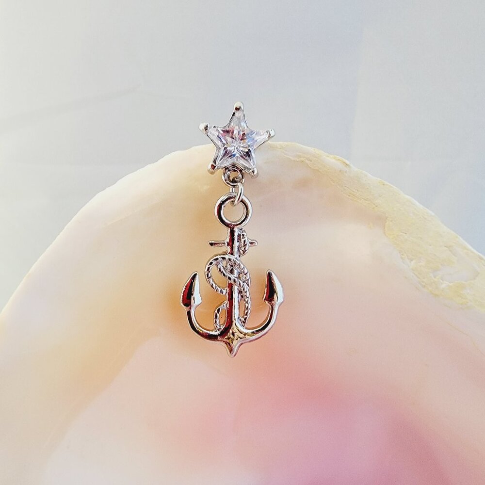 14G reverse top down anchor belly ring with clear star CZ